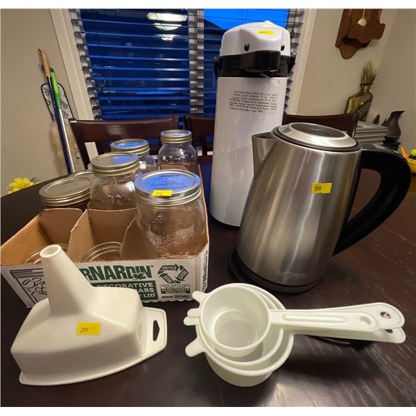 Assorted Collection Of Kitchenware - Salton Electric Kettle, Canning Jars, Small Strainers & More