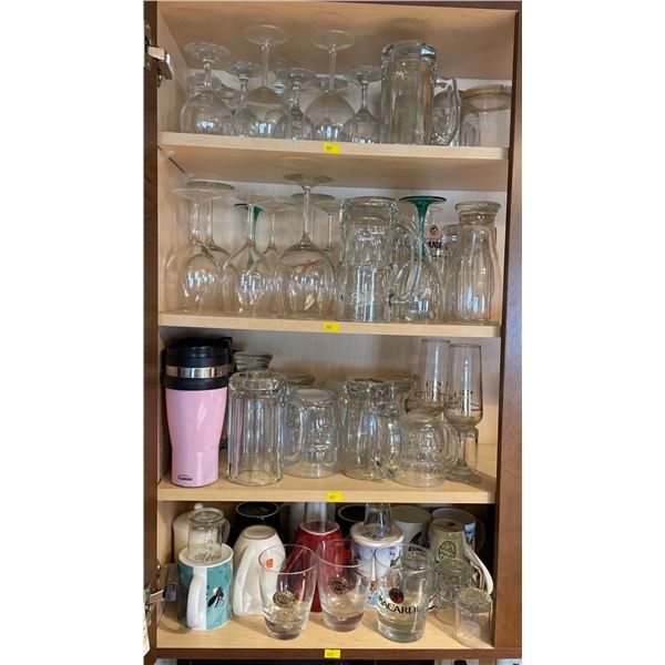 Assorted Collection of Glasses and Pint Mugs Glassware, and Travel Mugs, 4 Shelves in Total