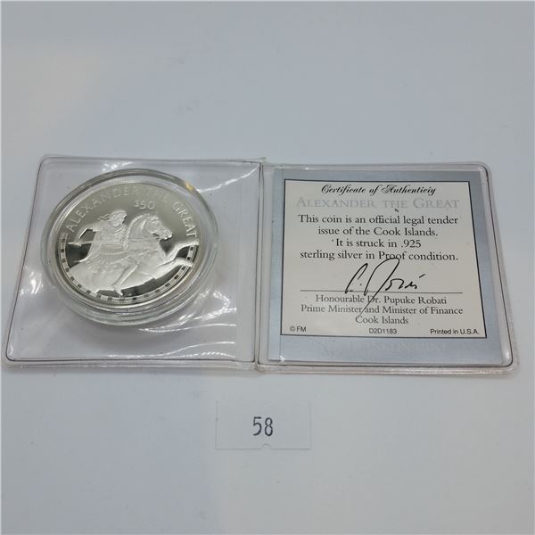 1988 Cook Islands Alexander the Great $50 Silver Coin