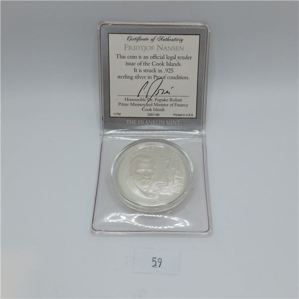 1988 Cook Islands Fridtjof Nansen $50 Silver Coin