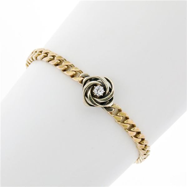 Vintage 14k TT Gold 0.17 ctw Diamond Solitaire Swirl Cuban Curb Chain Bracelet