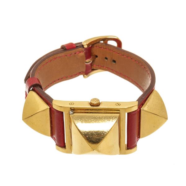 Hermes Red gold-Plated and Leather Medor Quartz 23mm Watch