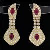 Image 2 : 18k Yellow Gold 5.76 ctw Oval Vivid Red Ruby & Round Pave Diamond Drop Earrings