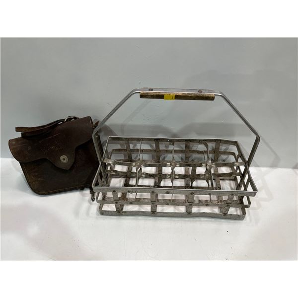 Vintage Aluminum w Wood Handle Milk Crate 8 Bottle Capacity 16Wx8D and Leather Satchel