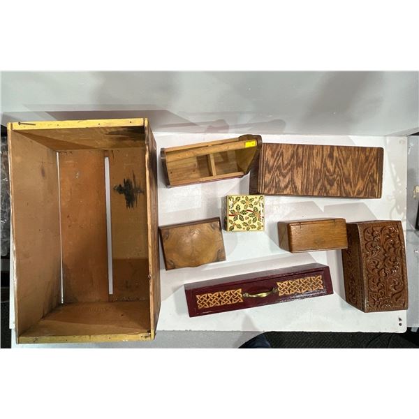 Collection of Seven Decorative Wooden Boxes in a large wood crate