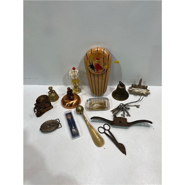 Collection of Brass and Metal Decorative Pieces Belt Buckle, Bell, Shoehorn and more