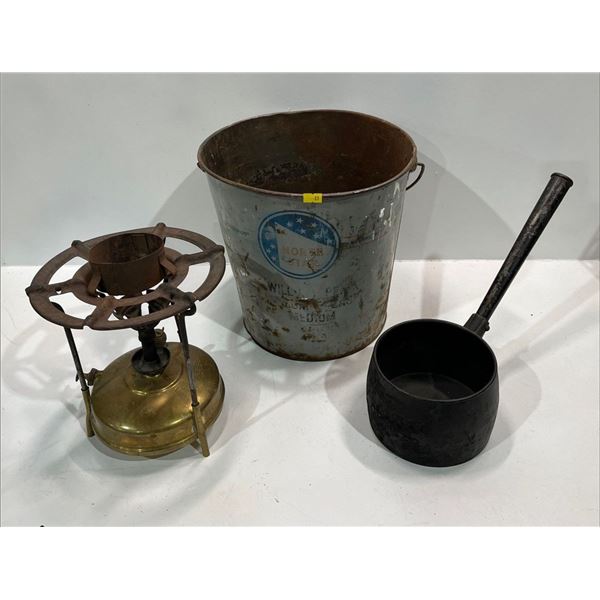 Vintage Coleman Campstove, 3 pint Cast Iron Pot, and 25lb Capacity Grease Bucket from North Star