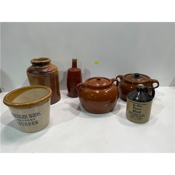 Vintage Red/Brown Pottery 7x10 Pickle Jar, 9x6 Bean Pot (2), 5x6 Jug and 7x6 Planter