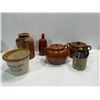 Image 1 : Vintage Red/Brown Pottery 7x10 Pickle Jar, 9x6 Bean Pot (2), 5x6 Jug and 7x6 Planter