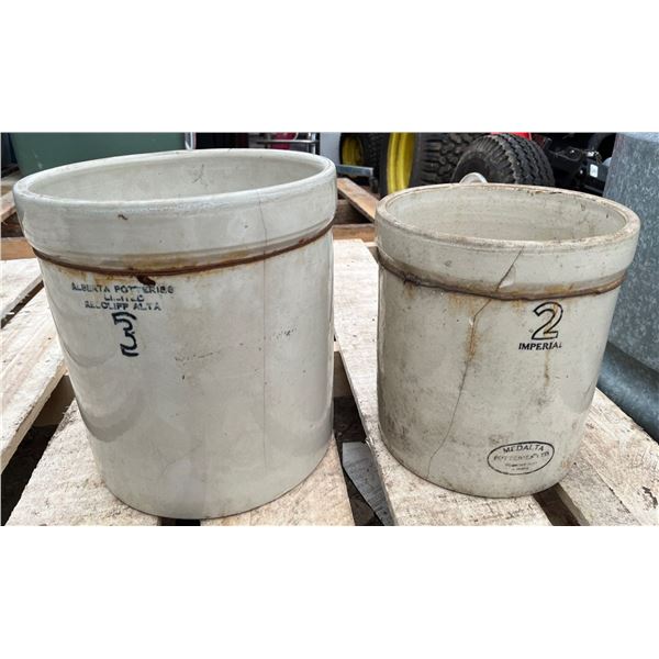 Stoneware Crocks 2 Gallon Medalta Potteries and 3 Gallon Alberta Potteries
