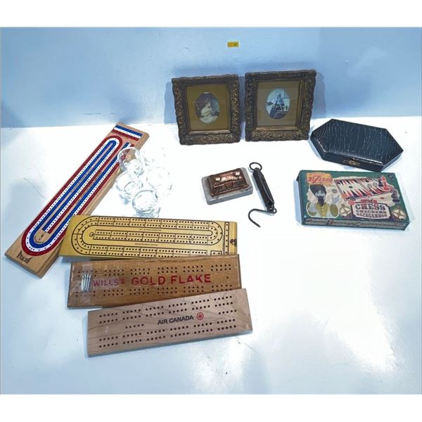 Variety of Collectibles includes Skull Shot Glasses, Cribbage Boards, Fish Scale and more