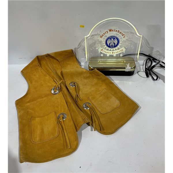 Henry Weinhard's Private Reserve Light Up Sign and Handmade Leather Vest