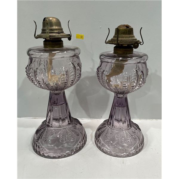 Pair of Beautiful Purple Glass Oil Lamps 12.5 & 11.5H