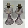 Image 1 : Pair of Beautiful Purple Glass Oil Lamps 12.5 & 11.5H