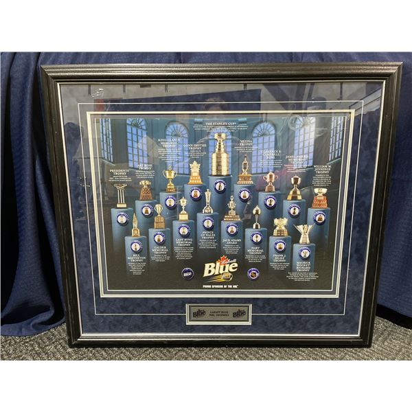 Labatt Blue NHL Trophies with Bottle Caps Framed 29Wx23H