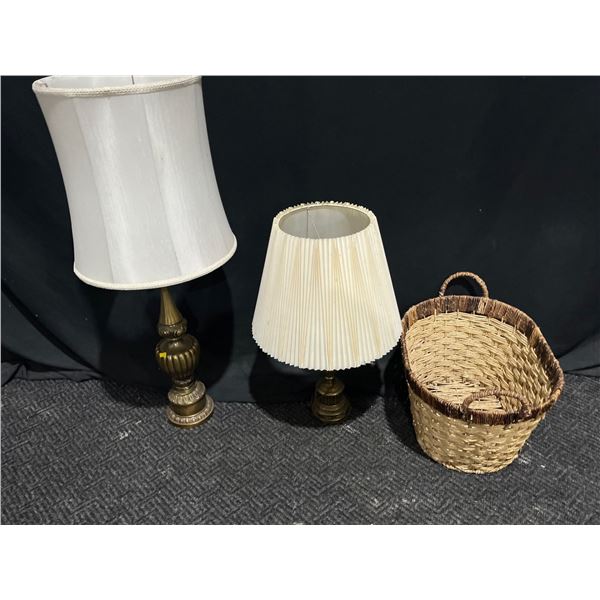Two Vintage Brass Lamps 28H and 42H plus Wicker Basket 24Wx16Dx15H