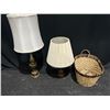 Image 1 : Two Vintage Brass Lamps 28H and 42H plus Wicker Basket 24Wx16Dx15H