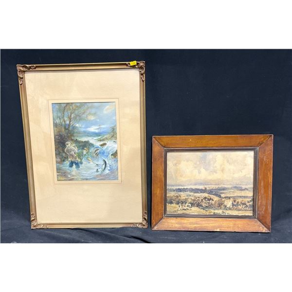 Two Famed Paintings- River Fishing  17Wx23H and A Country Landscape 16Wx13H