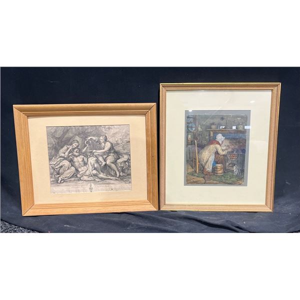 Two Paintings - Lot and His Daughters 21wx17H and Woman Cooking 18Wx20H