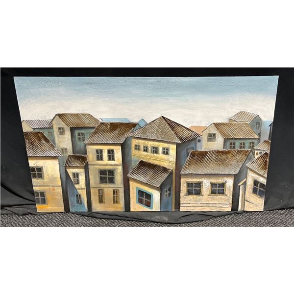 Olden Style Townhouses With Foil Roof Tops And Acrylic Painting On Canvas 56Wx32H