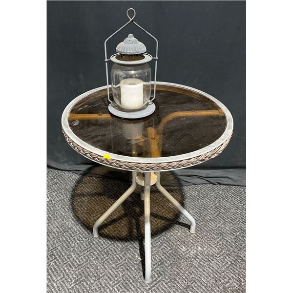 Metal with Glass Top Outdoor Table 24Dx28H plus Table Lantern