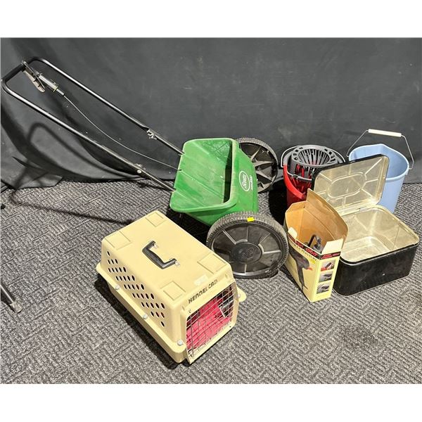 Home needs Includes 2 Buckets, Scott's Fertilizer Spreader, Small Dog Crate, Heat Gun and more