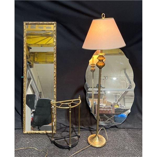 Brass Lamp 63H, Brass Umbrella Holder, and Two Full Length Mirrors