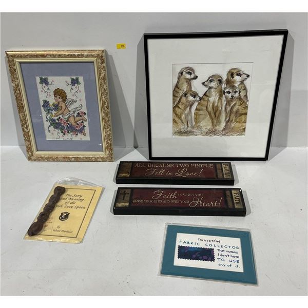 Wall Decor includes Meerkat Drawing 13Wx13H, Needlepoint Cherub 10Wx12H and more