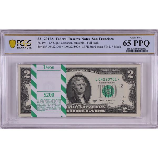 Pack 2017A $2 Federal Reserve STAR Notes San Francisco Fr.1941-L* PCGS Gem UNC 65PPQ