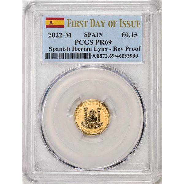 2022M Spain 15 Euro Cent Reverse Proof Lynx Gold Doubloon Coins PCGS PR69 FDOI