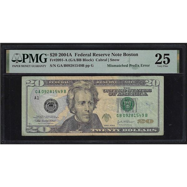 2004A $20 Federal Reserve Note Mismatched Prefix Error Fr.2091-A PMG Very Fine 25