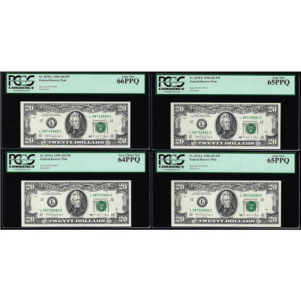 Lot of (4) Consecutive 1990 $20 Federal Reserve Notes Fr.2078-L PCGS New 64/65/66PPQ