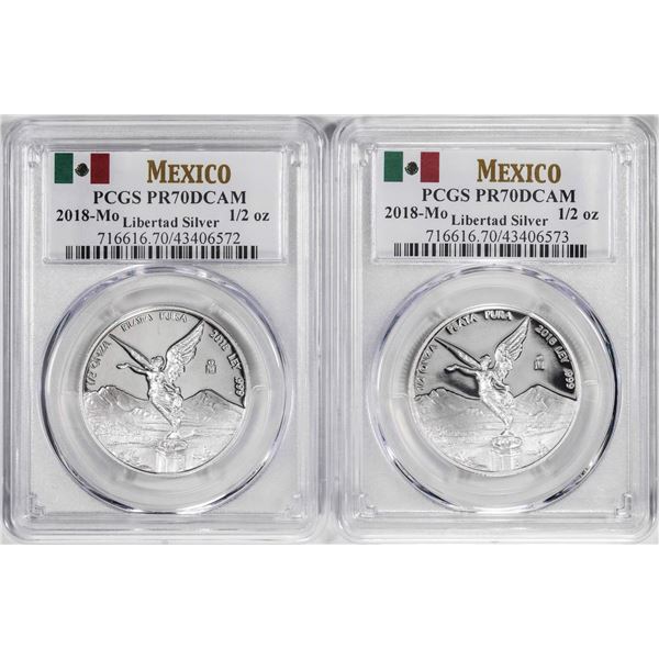 Lot of (2) 2018-Mo Mexico Proof 1/2 oz Silver Libertad Coins PCGS PR70DCAM