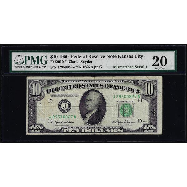 1950 $10 Federal Reserve Note Mismatched Serial Number Error Fr.2010-J PMG Very Fine 20