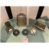Image 1 : Vintage/ antique brass items, including cow bell, 3 sleigh bells, a matchbox holder, and sand paper 