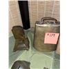 Image 2 : Vintage/ antique brass items, including cow bell, 3 sleigh bells, a matchbox holder, and sand paper 