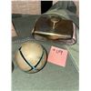 Image 3 : Vintage/ antique brass items, including cow bell, 3 sleigh bells, a matchbox holder, and sand paper 