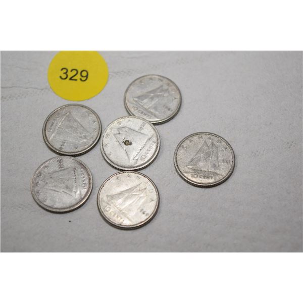 1960, 1961, 1952, 1943, 1960, 1961 Canada silver dimes