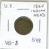 Image 1 : U.S. 1860 Indian Head Cent. First Indian Head Cent with Oak Wreath with Shield Reverse. VG-8.