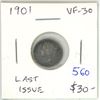Image 1 : 1901 Canadian Victorian Silver 5 Cents. The last Silver 5 Cents issued for Queen Victoria. VF-30.