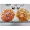 Image 2 : 2 Amber carnival glass serving plates & 6 assorted drinking glasses