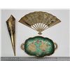 Image 1 : 2 Brass items - Fan and Candy dish & 1 tin flower holder