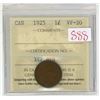Image 1 : 1925 ICCS graded, Canadian 1 cent penny coin - VF20