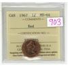 Image 1 : 1967 ICCS graded, Canadian Centennial "Dove" 1 cent penny coin - MS64