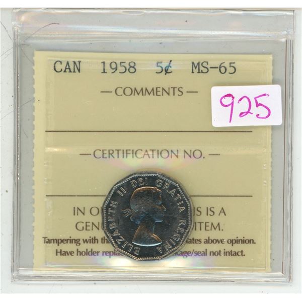 1958 ICCS graded, Canadian 5 cent coin - MS65