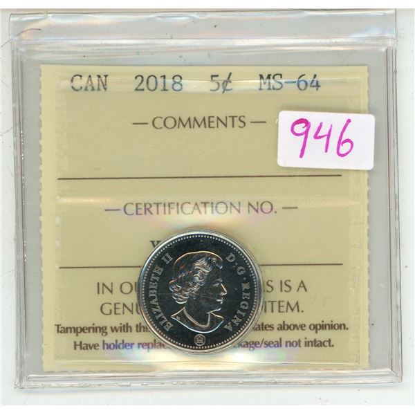 2018 ICCS graded, Canadian 5 cent coin - MS64