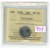 Image 1 : 1936 ICCS graded, Canadian silver 10 cent coin - VF20