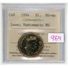 Image 1 : 1994 ICCS graded, Canadian 1 dollar loonie coin - MS66