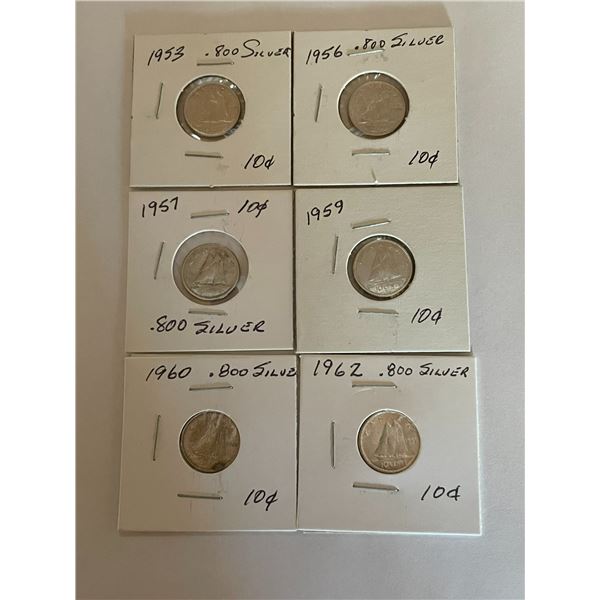 Canada 10 Cents Dime .800 Silver 6 Coins 1953, 1956, 1957, 1959, 1960, 1962