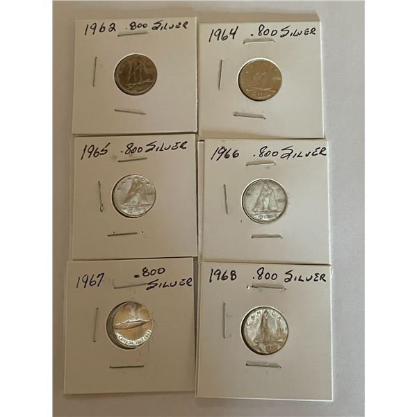 Canada 10 Cents Dime .800 Silver 6 Coins 1962, 1964, 1965, 1966, 1967, 1968
